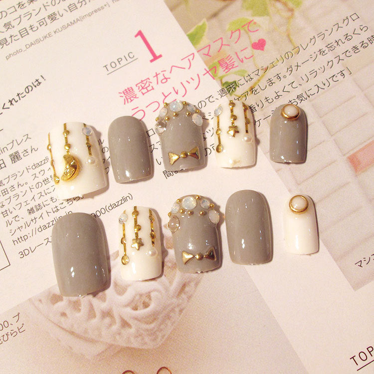 Fashion  nail Finished Nail Beauty Magazine Style Japanese Granny Grey Fake Nails 24 Pieces UV Nail L19