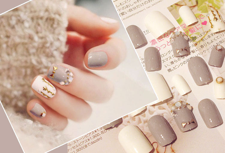 Fashion  nail Finished Nail Beauty Magazine Style Japanese Granny Grey Fake Nails 24 Pieces UV Nail L19
