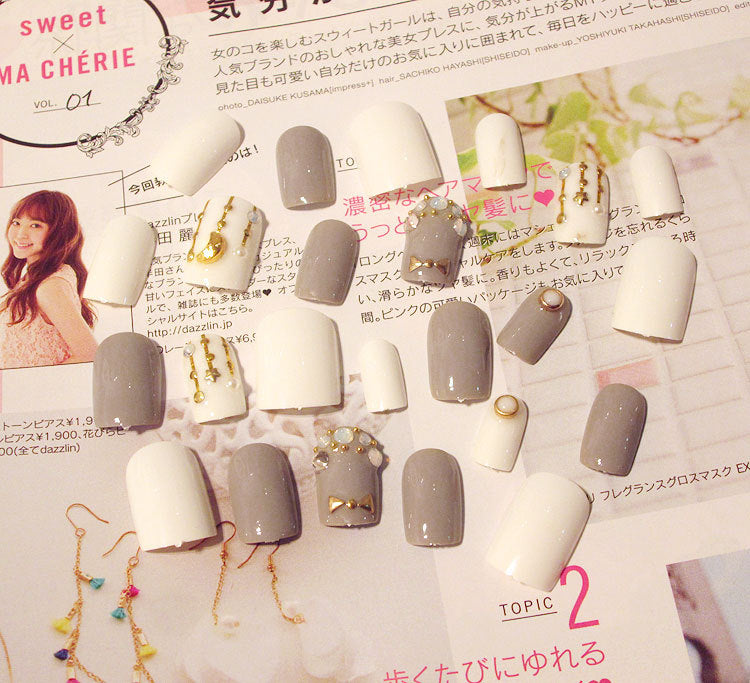Fashion  nail Finished Nail Beauty Magazine Style Japanese Granny Grey Fake Nails 24 Pieces UV Nail L19