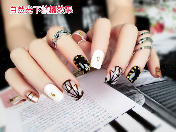 Fashion  nail Finished Nail Beauty Magazine Style Japanese Colorful Sequins Black Fake Nails 24 Pieces UV Nail L27