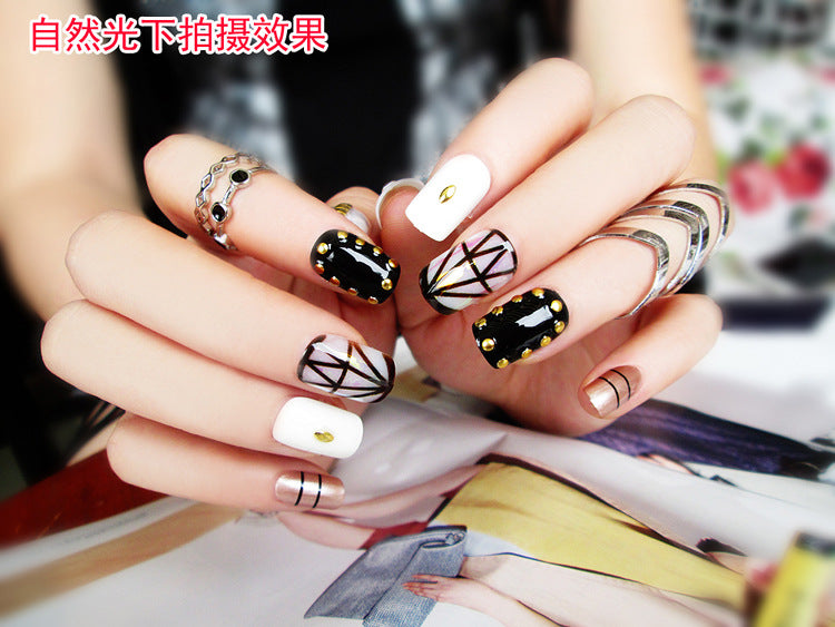 Fashion  nail Finished Nail Beauty Magazine Style Japanese Colorful Sequins Black Fake Nails 24 Pieces UV Nail L27