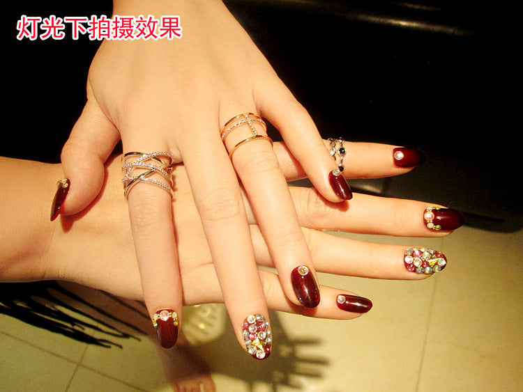 Fashion  nail Finished Nail Beauty Magazine Style Japanese Rhinestone Deep Burgundy Fake Nails 24 Pieces UV Nail L28
