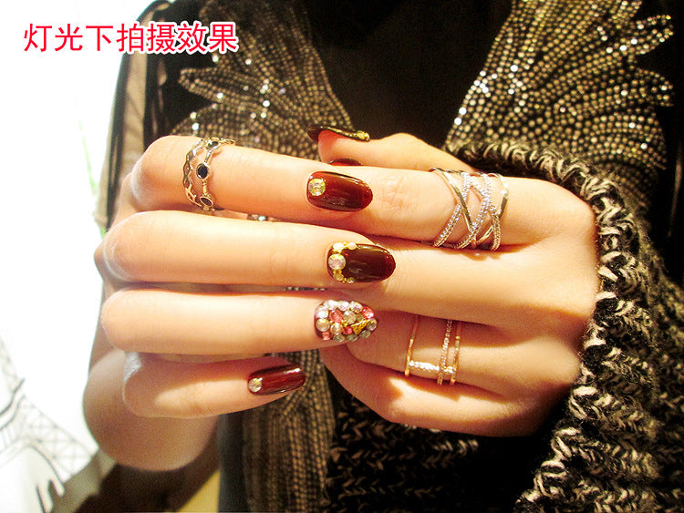 Fashion  nail Finished Nail Beauty Magazine Style Japanese Rhinestone Deep Burgundy Fake Nails 24 Pieces UV Nail L28