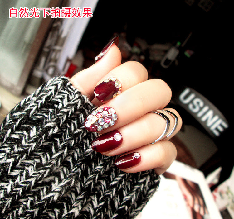 Fashion  nail Finished Nail Beauty Magazine Style Japanese Rhinestone Deep Burgundy Fake Nails 24 Pieces UV Nail L28