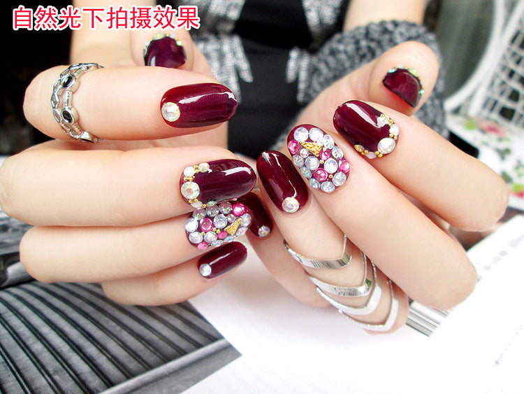 Fashion  nail Finished Nail Beauty Magazine Style Japanese Rhinestone Deep Burgundy Fake Nails 24 Pieces UV Nail L28