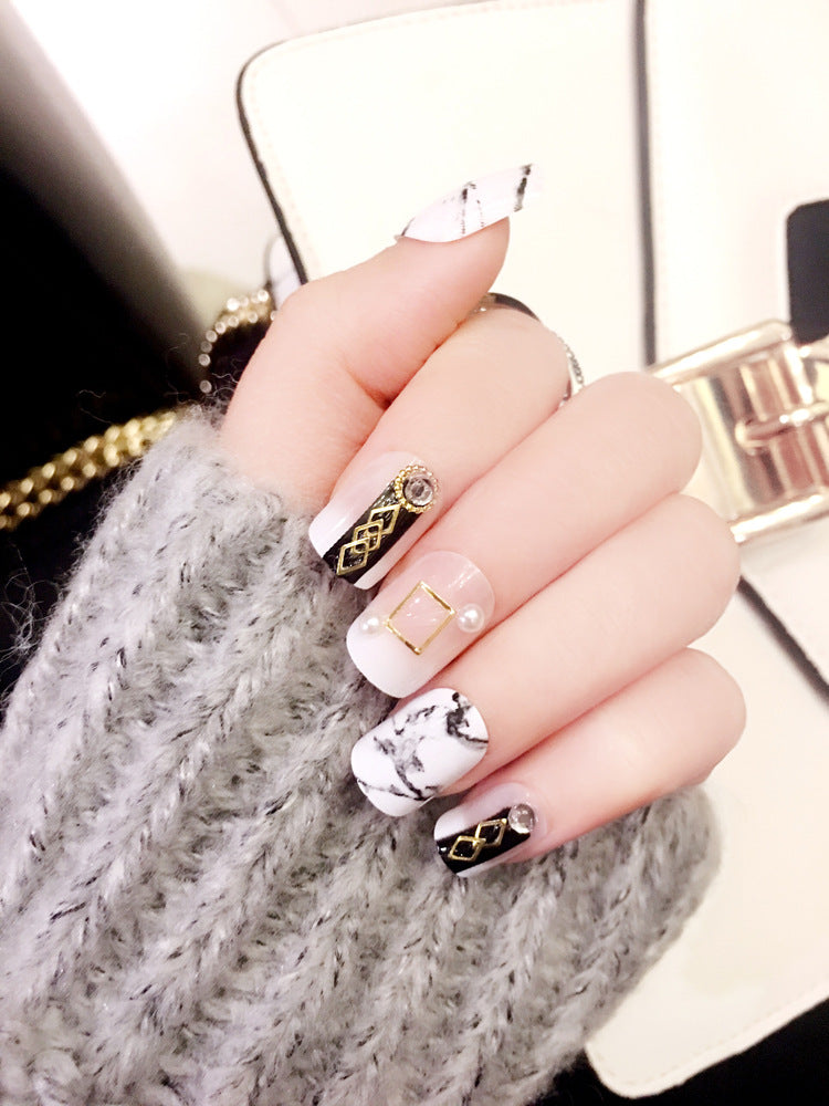 Fashion  nail Finished Nail Beauty Wear a Japanese Marbling Fashion Black Fake Nails 24 Pieces C66