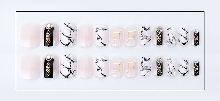 Fashion  nail Finished Nail Beauty Wear a Japanese Marbling Fashion Black Fake Nails 24 Pieces C66