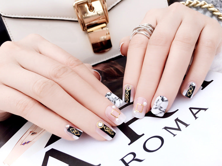 Fashion  nail Finished Nail Beauty Wear a Japanese Marbling Fashion Black Fake Nails 24 Pieces C66
