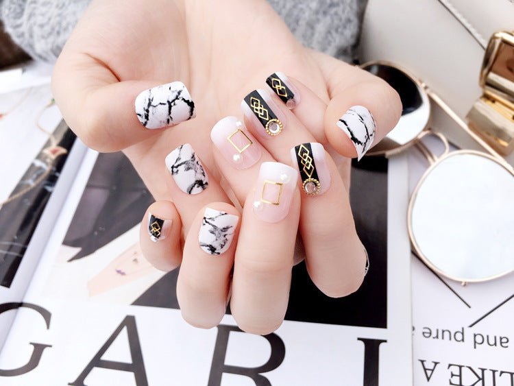 Fashion  nail Finished Nail Beauty Wear a Japanese Marbling Fashion Black Fake Nails 24 Pieces C66