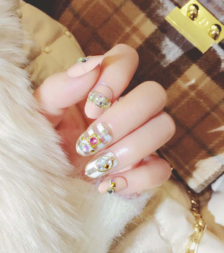 Fashion  nail Finished Nail Beauty Fashion Nude Color Popular round Head Rivet Fake Nail Patch 24 Pieces UV Nail L33