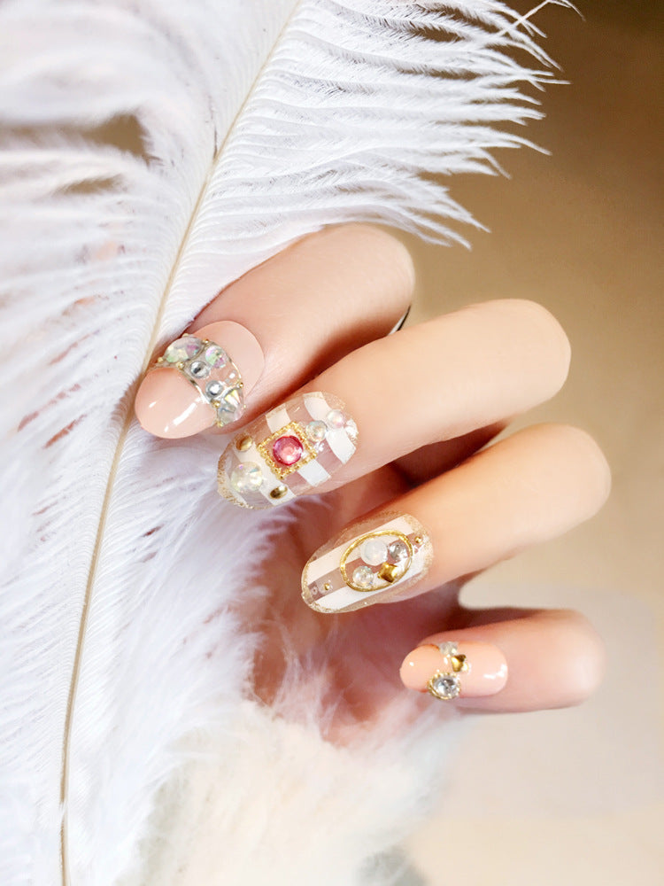 Fashion  nail Finished Nail Beauty Fashion Nude Color Popular round Head Rivet Fake Nail Patch 24 Pieces UV Nail L33