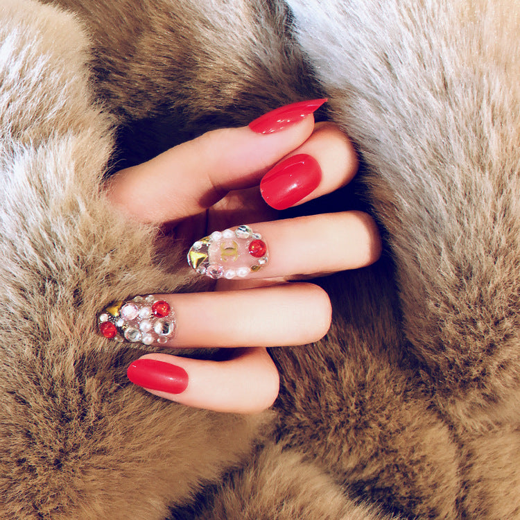 Fashion  nail Tina Finished Fake Nails Red round Head Nail Patch Fashion Diamond-Embedded Finished Nail Beauty Nail Sticker S29