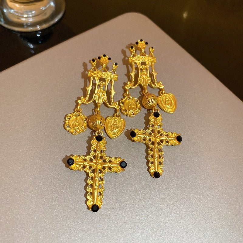 中古vintage耳环 银针做旧金属复古耳钉法式气质宫廷风耳饰