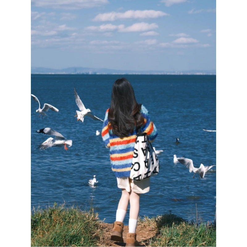 Dopamine tops Free shipping Tattoo Dopamine Premium Sense Wear Small Striped Loose V-Neck Sweater Jacket Women's 2024 New Autumn and Winter