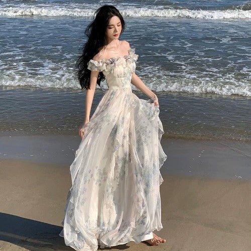 Fashion women's wear Seaside Vacation Style Suspender Skirt Yarn French Ruffled Beach Dress Atmosphere Long Skirt Elegant Fairy Style