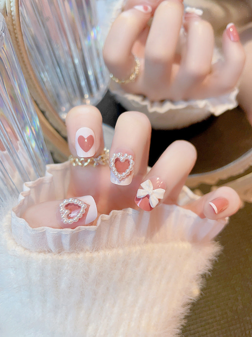 Fashion  nail Pearl Heart Bow Fake Nail Patch Finished Nail Beauty Wearable Nail Stickers X50