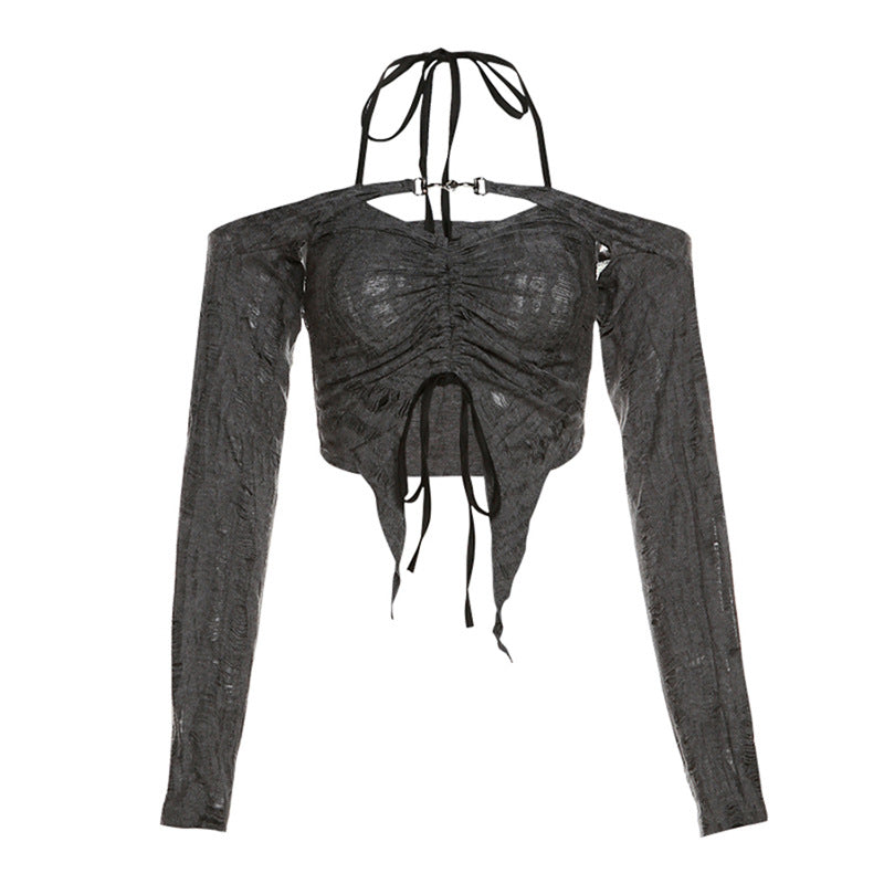 Free shipping  summer new women's clothing solid color slim-fitting navel fashion pleated neck collar T-shirt tops