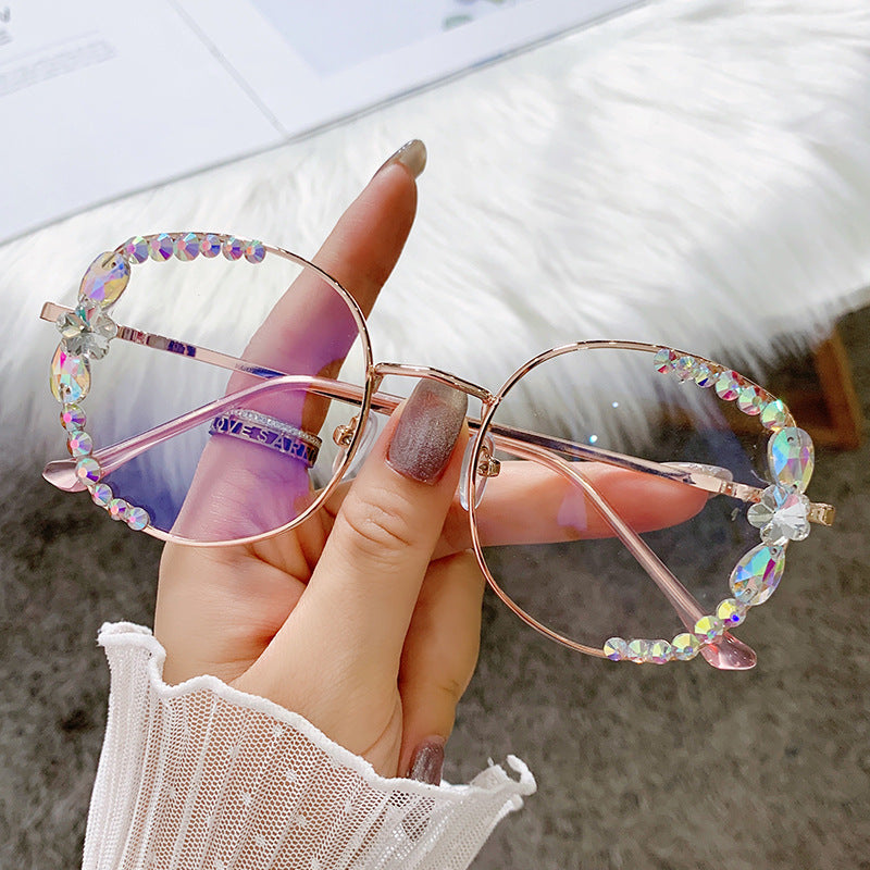 Women's fashion glasses镶钻防蓝光防疲劳眼镜女电脑护目平面无度数玩手机保护眼睛