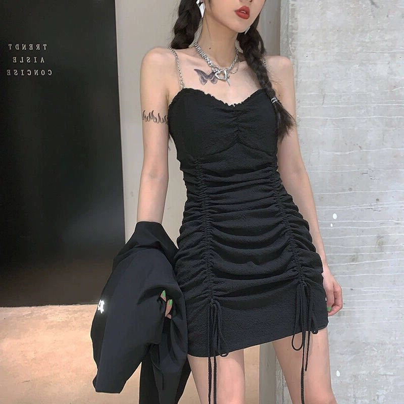 Fashion women's wear Sweet and Spicy Suspenders Dress Women's Summer Waist-Tight Design Sense Niche Drawstring Pure Desire Sexy Hot Girl Short Hip Skirt