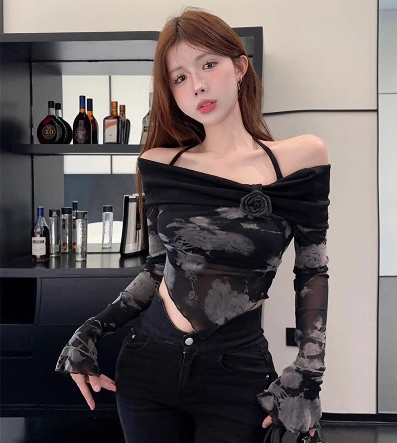 Dopamine tops Free shipping Tattoo Sweet and cool babes shoulder print T-shirt women's early autumn chic slim short long-sleeved mesh black neck top