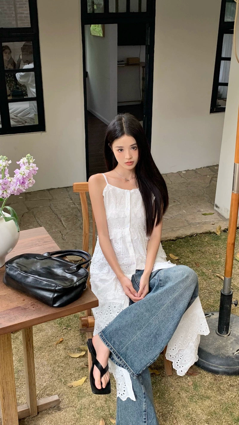 Fashion women's wear Fashionable Embroidery Hollow out Sweet Spaghetti-Strap Dress Women's Clothing Spring 2024 New Mid-Length Waist Split Skirt