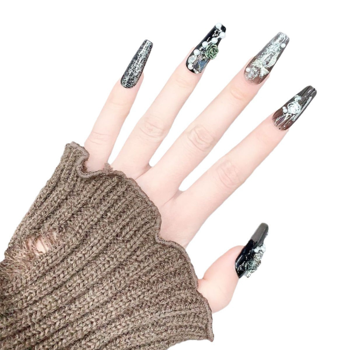 (Hand-Made Nail) Heavy Industry Super Long Ladder Hand-Worn Nail Tip Manicure Wholesale Nail Tip Nail Patch Rose Flower Sweet Cool Hot Girl