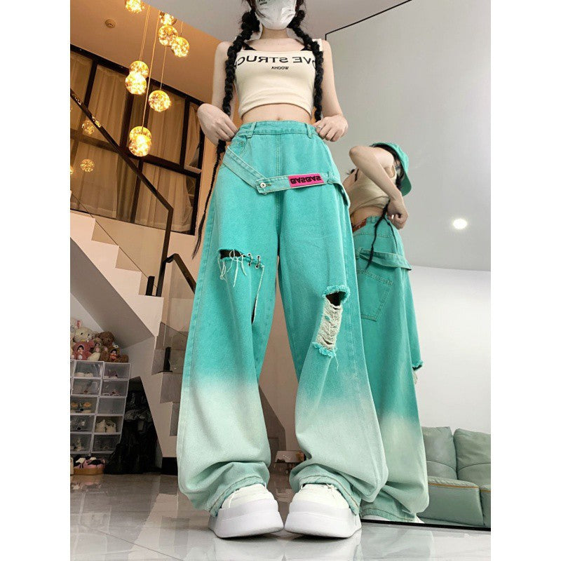 Dopamine pants Free shipping Tattoo Gradual change color ripped dopamine wear jeans women's summer new high waist thin loose meat wide leg pants tide