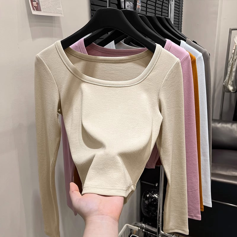 Dopamine tops Free shipping Tattoo Dopamine Wear Pumpkin Orange Shoulder Long Sleeve T-Shirt Women's Early Autumn Spice Girl Slim Short Square Neck Bottom Shirt Top