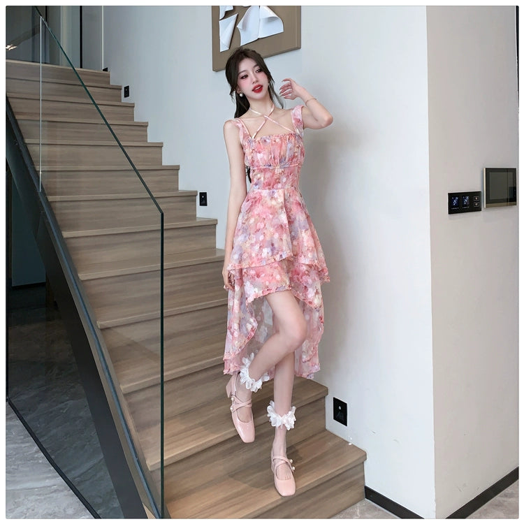 Fashion women's wear Sexy Halter Strap Floral Dress Women's Summer Seaside Vacation Beach Fairy Dress Irregular Trailing Skirt