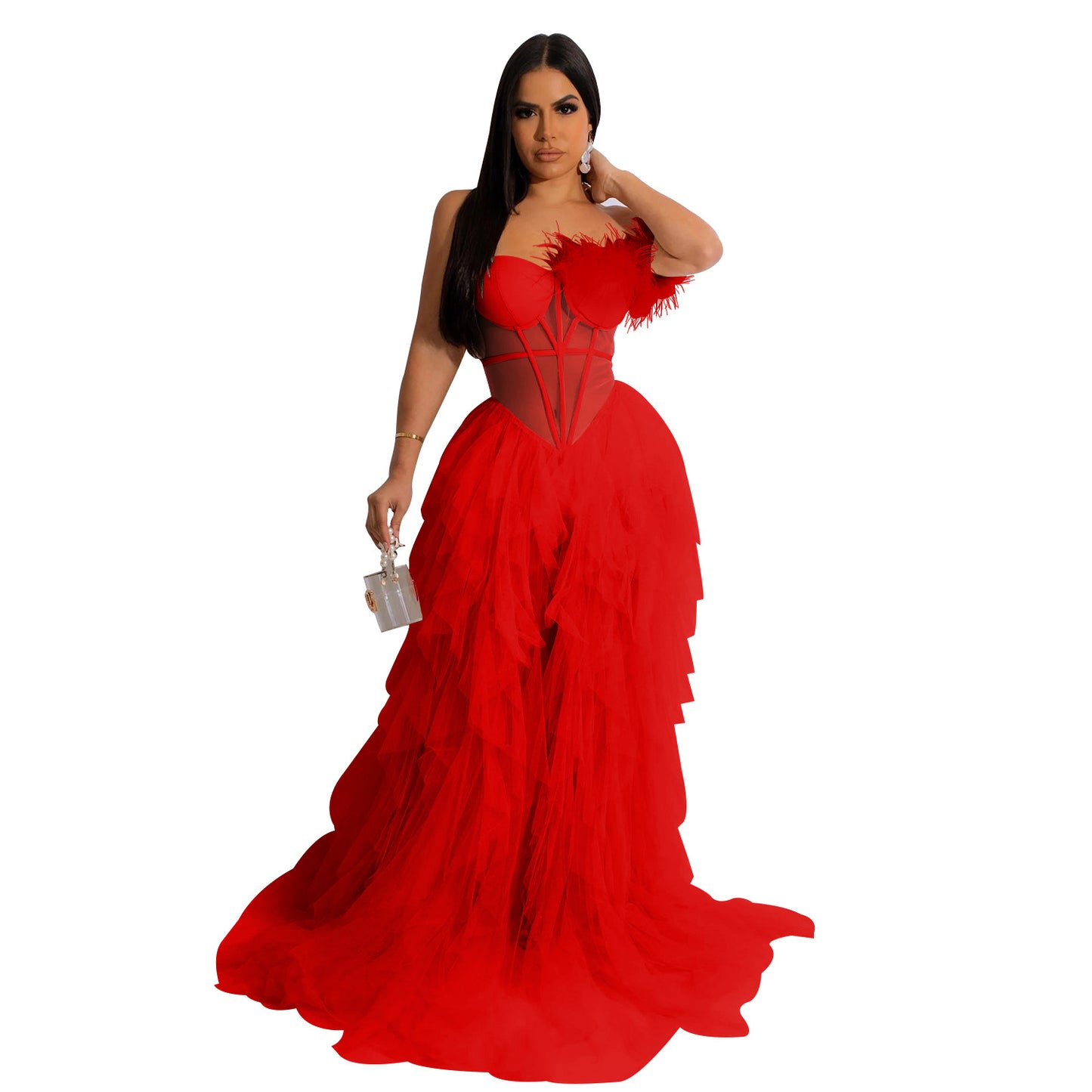 Fashion women's wear X6223 Cross-Border  Fashion Women's Wear Solid Color Sleeveless Chest Wrap Mesh Long Dress Dress