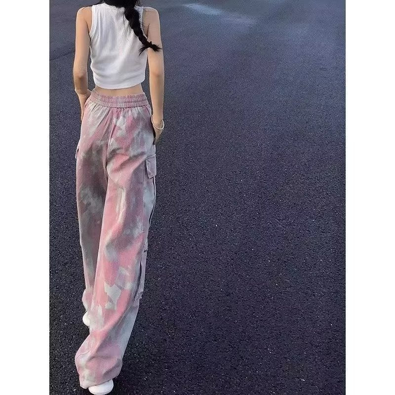 Dopamine pants Free shipping Tattoo Design sense dopamine wear pink camouflage overalls women's summer street high waist elastic sweet casual trousers