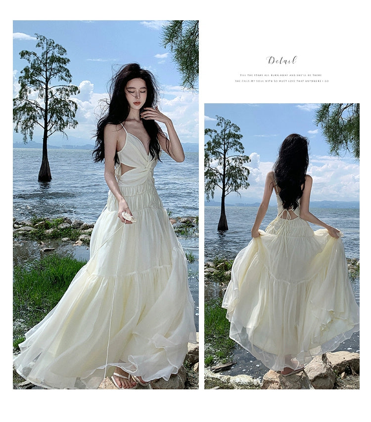 Fashion women's wear Tea Break French Advanced Sexy Backless Spaghetti Straps Dress Fairy Lady Super Fairy Gorgeous Seaside Vacation Beach Dress