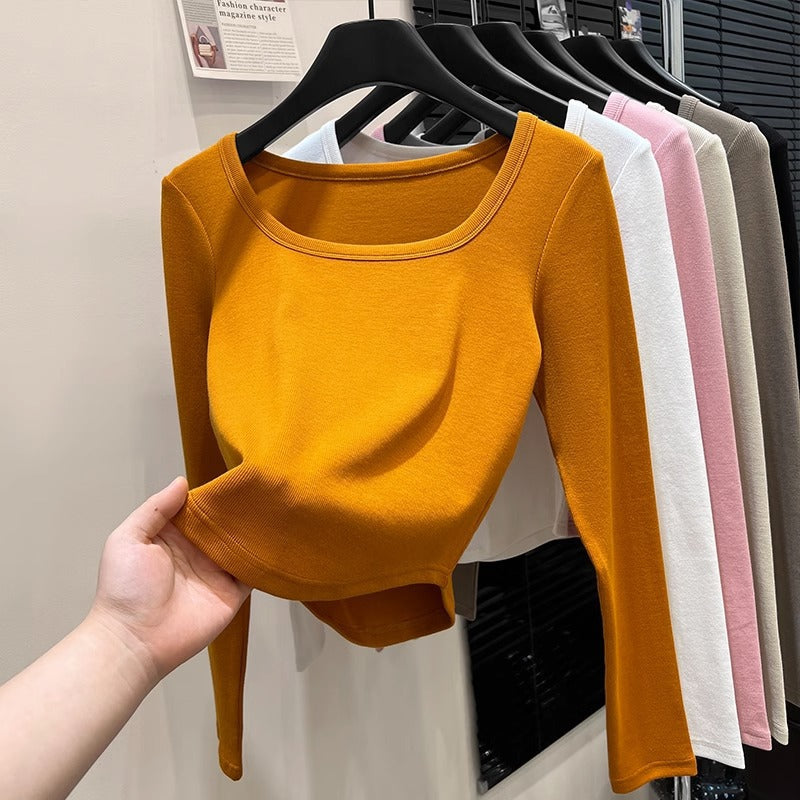 Dopamine tops Free shipping Tattoo Dopamine Wear Pumpkin Orange Shoulder Long Sleeve T-Shirt Women's Early Autumn Spice Girl Slim Short Square Neck Bottom Shirt Top