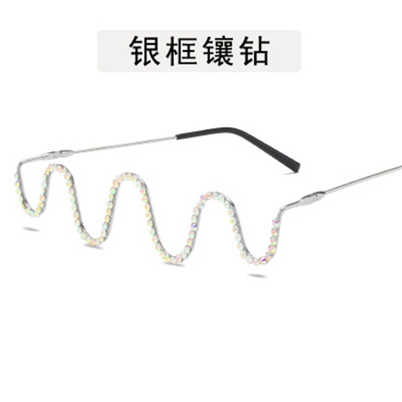 Women's fashion glasses波浪镶钻ins无镜片凹造型网红眼镜框架潮个性装饰线条显瘦素颜镜