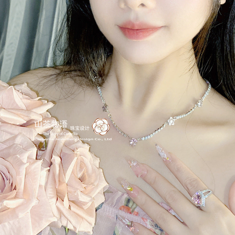 Camellia轻奢粉色碎冰花心形套装女 镀金强保色高碳锆网球链戒指