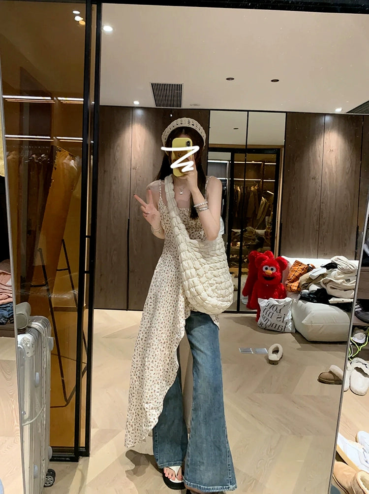 Fashion women's wear Tea Break French Floral Strap Dress Summer 2024 New Early Spring Irregular Niche Design Dress