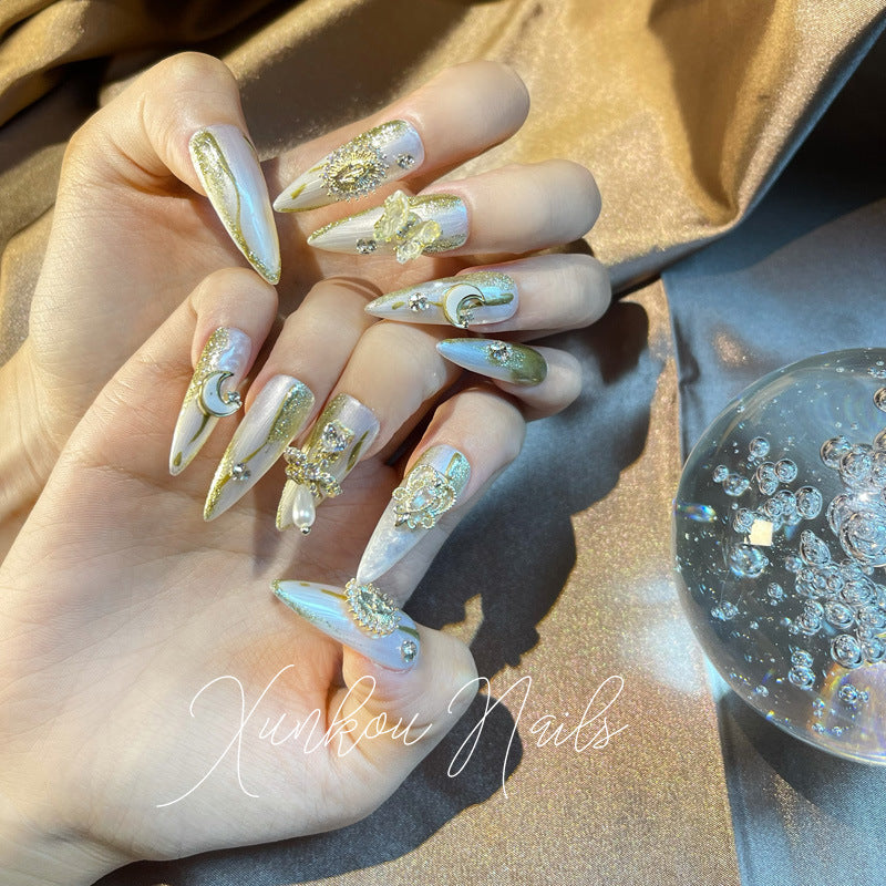 Hand-Made Nail Factory Straight Hair High-End Heavy Industry Dark Black National Style Lolita Long Nail Handmade Manicure