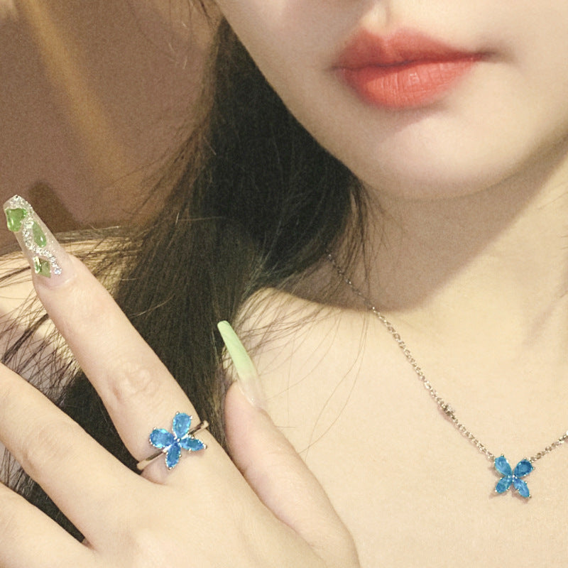 珠宝首饰山茶小众轻奢灵动青色花朵时尚套装女  小红书同款新品四叶草项链