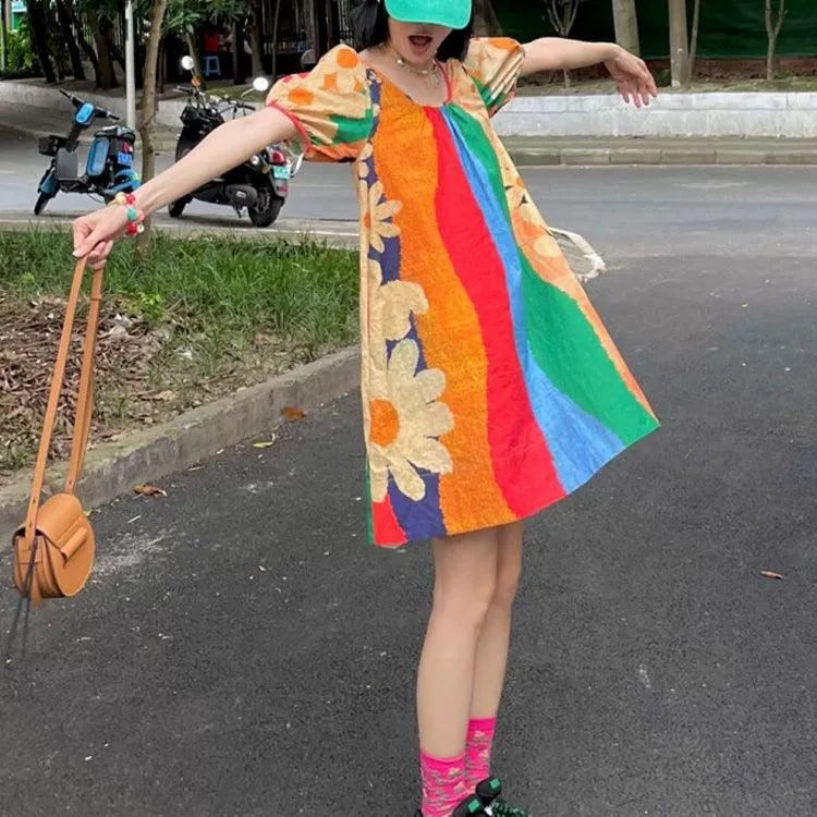Dopamine dress Free shipping Tattoo Large Size Women's French Rainbow Stripe Dress Summer Fat MM Loose 150kg Skinny Dopamine Doll Dress