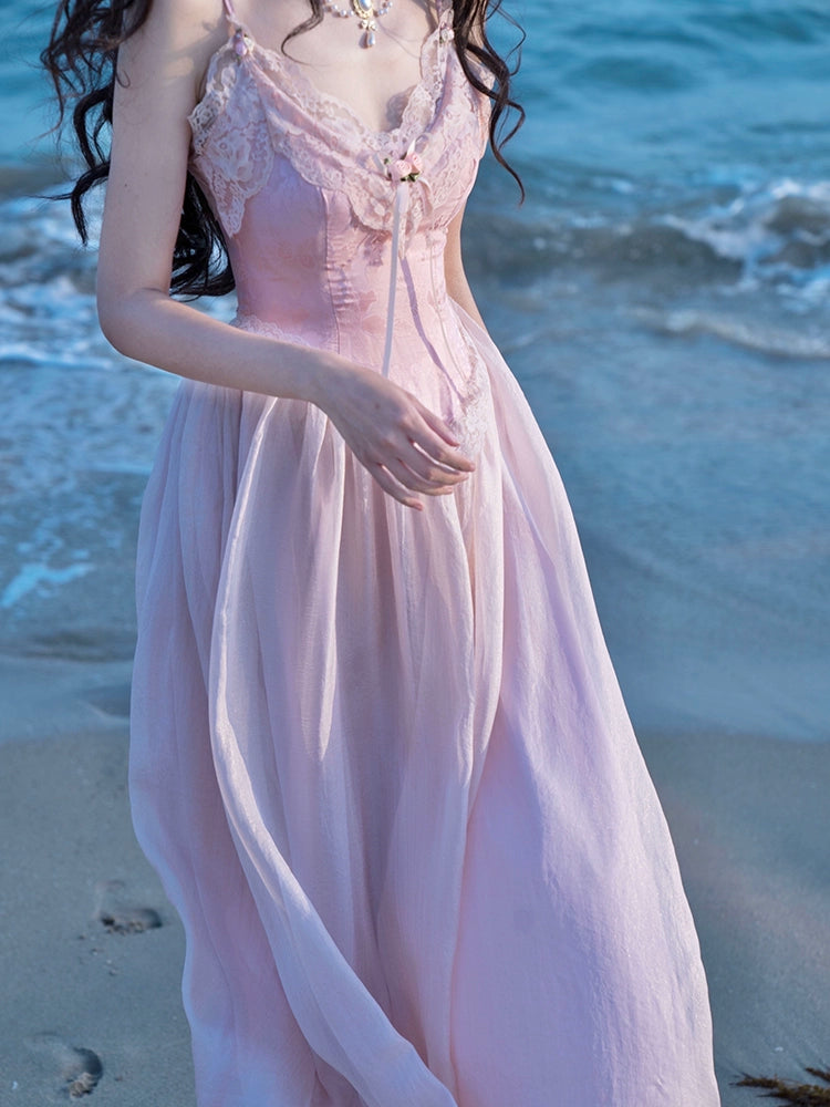 Fashion women's wear French Fried Street Tea Break Milk Sweet Escape Princess Dress Sweet Salt Pink Roses Pure Desire Beautiful Sling Dress
