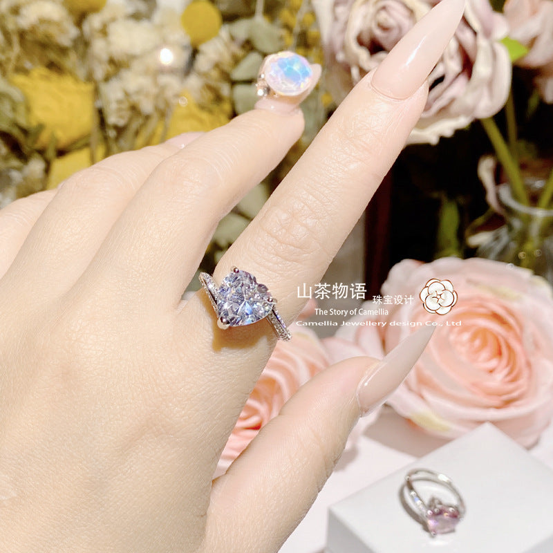 Camellia直播热卖新品仿真钻心形开口戒指女 镀金活口爱心锆指环