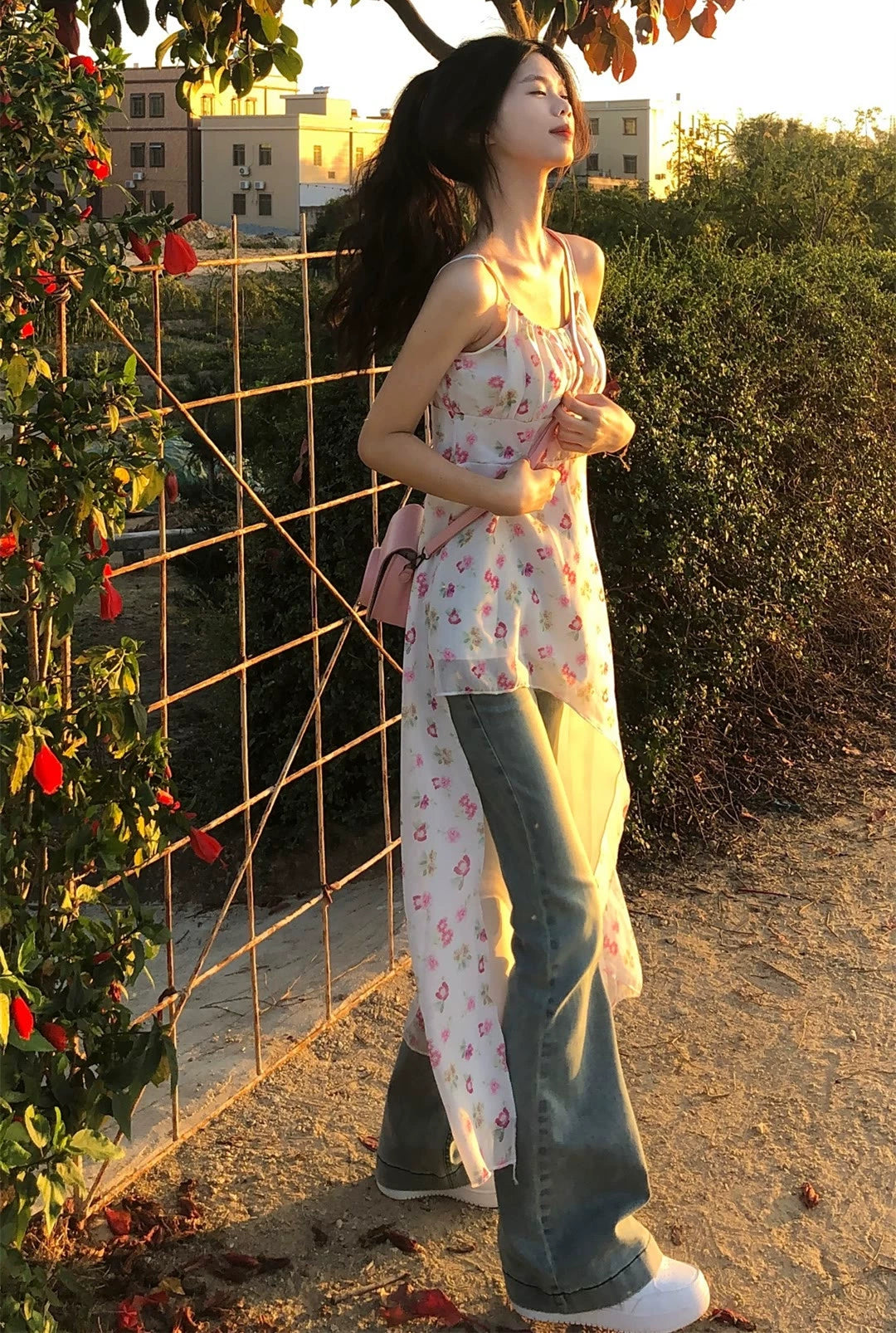 Fashion women's wear Girl Dress Irregular Floral Floral Dress Women's Summer Sweet Temperament Slant-Cut Bottom Waist Trimming Spaghetti Straps Long Dress
