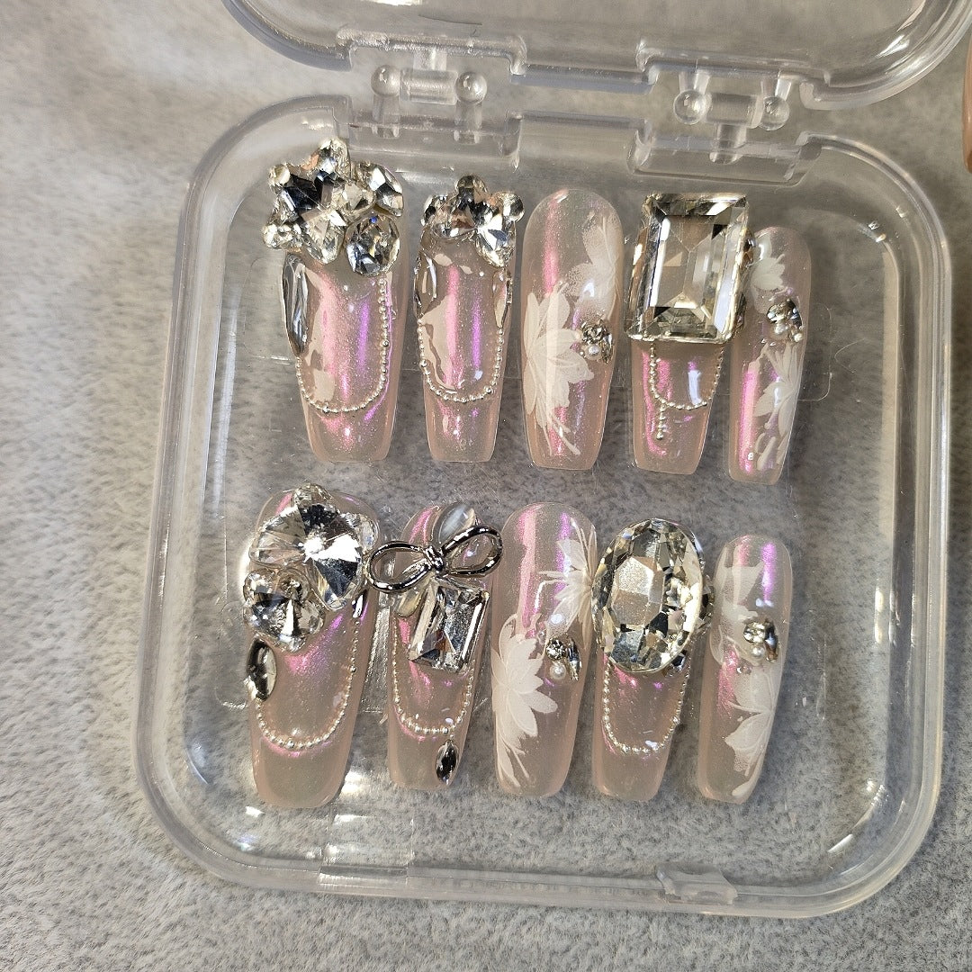 (Hand-Made Nail) Red-Letter Day Set Manicure [Real Shot] Handmade Wear Nail Pink Magic Mirror Heavy Industry Full Diamond Flash Nail Sticker 011