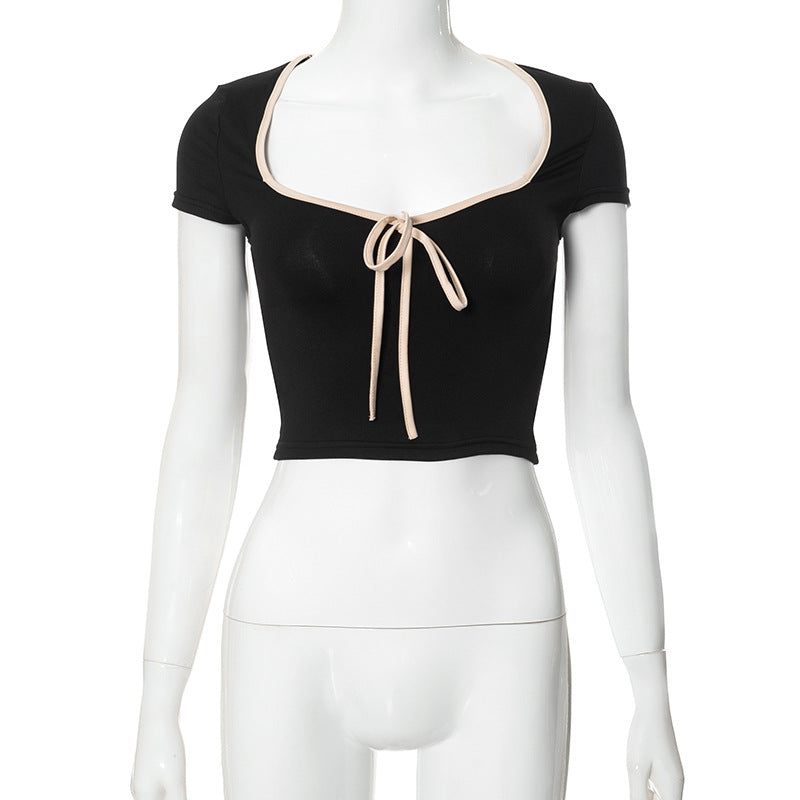 Fashion women's wear Q23tp143 Trendy Sexy Sweet Hot Girl Skinny Short Design Contrast Color Wear Short Sleeve Top for Women Summer