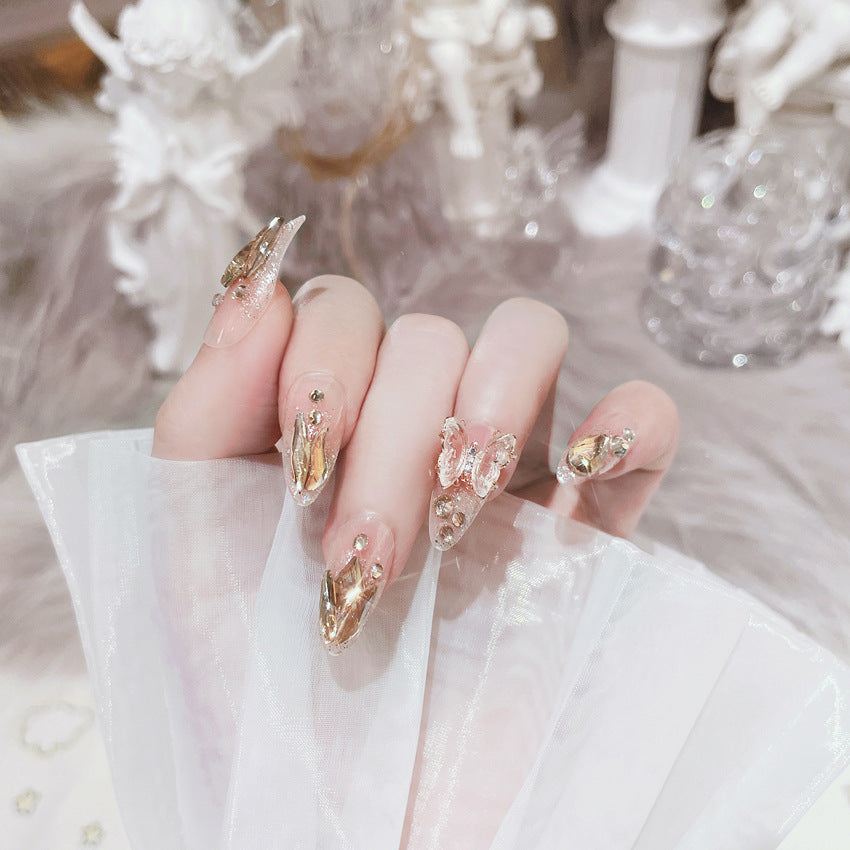 Fashion  nail Wear Armor Internet Celebrity Pure Desire Rhinestone Fake Nails Crystal Butterfly Nail Stickers Removable Finished Product New X68
