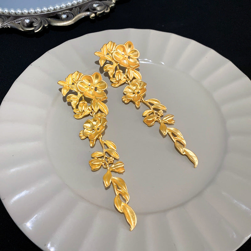 银针花朵叶子流苏耳环中古风气质高级感长款耳钉小众个性耳饰批发