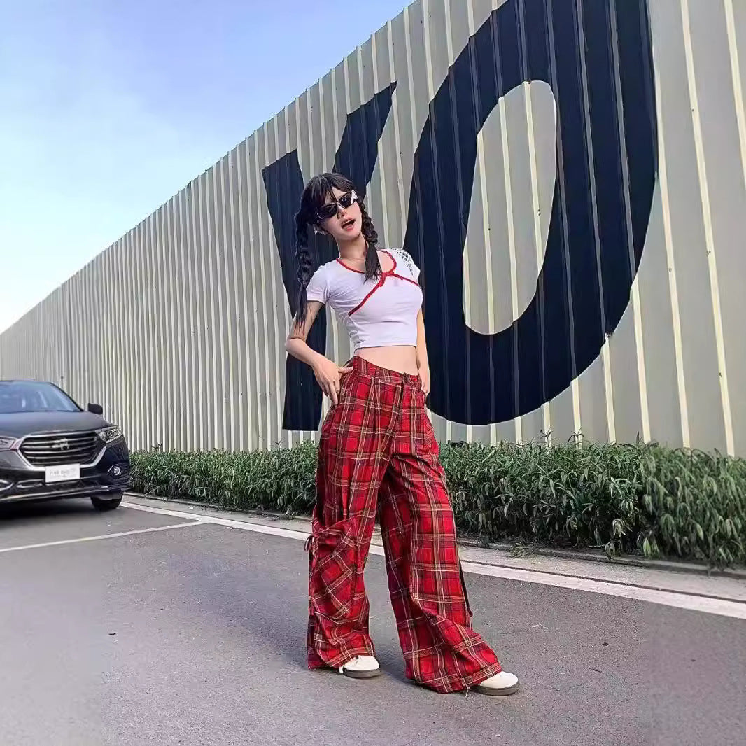 Free shipping retro dopamine plaid yellow pants women's loose bf lazy style thin pear figure casual trousers pants