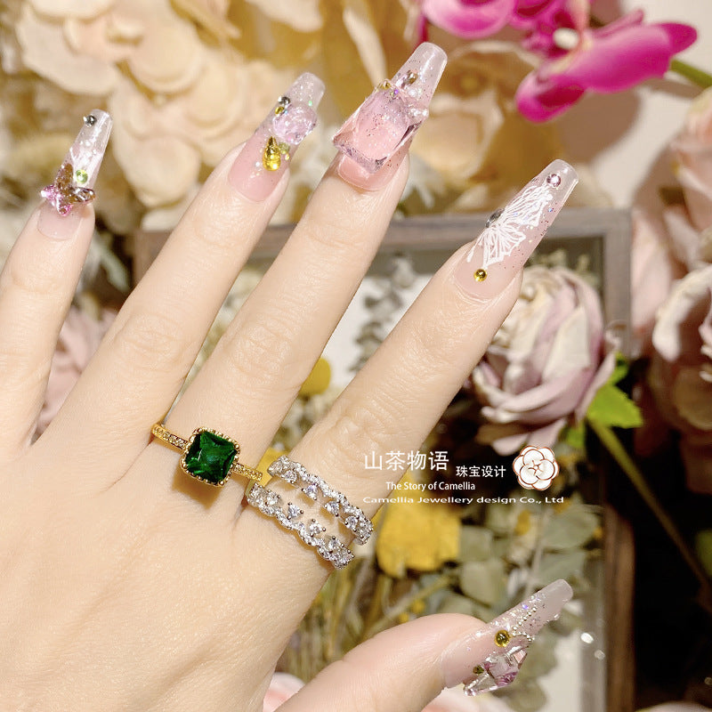 Camellia珠宝新款二合一套戒女 意大利高定蕾丝仿祖母绿锆石戒指