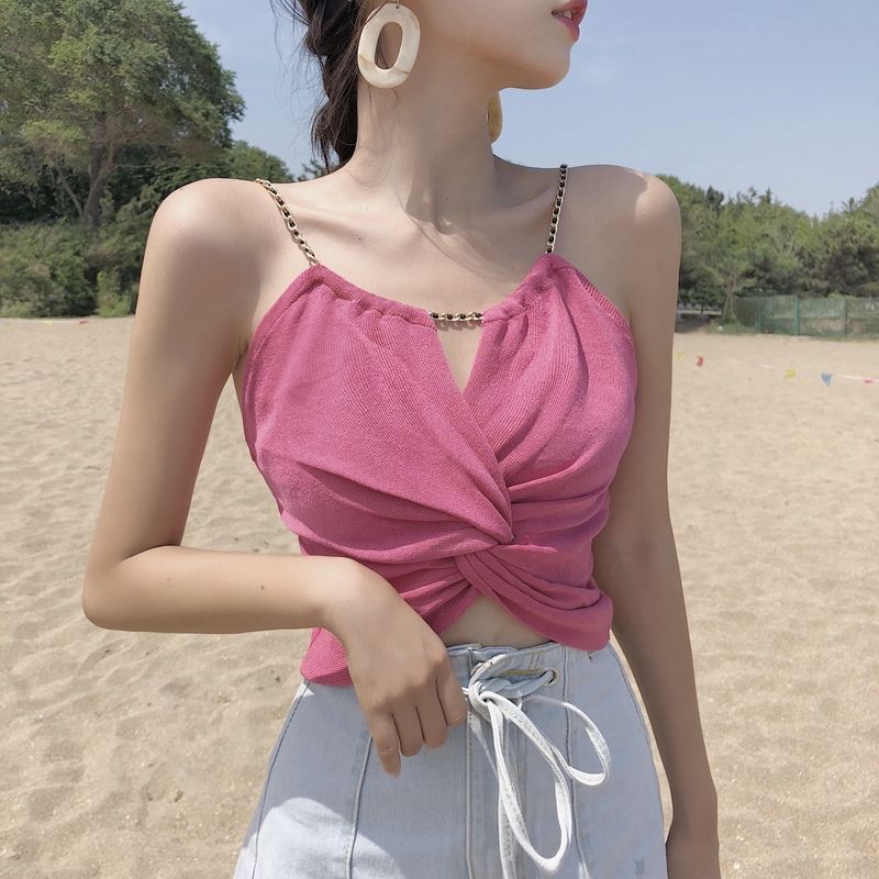 Free shipping  sexy high waist short open button top versatile metal chain tube top bottoming shirt tops