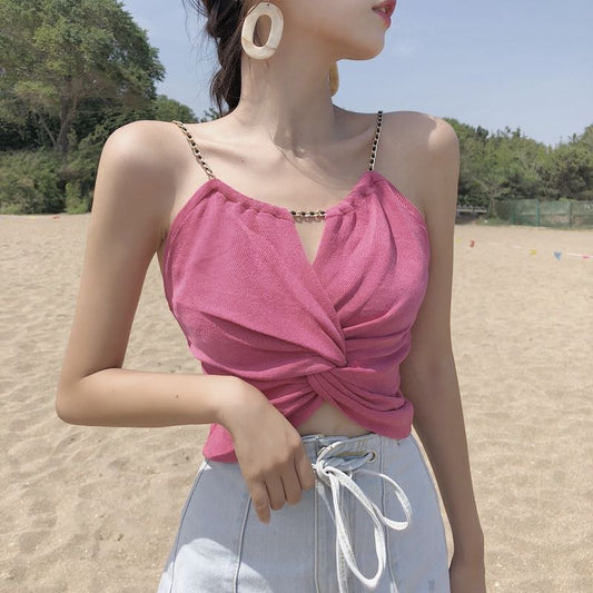 Free shipping  sexy high waist short open button top versatile metal chain tube top bottoming shirt tops